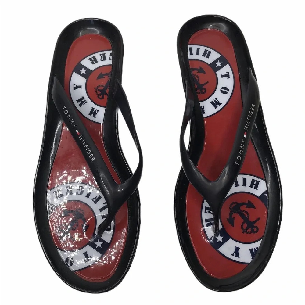 Tommy Hilfiger Black Red Nautical Flat Sandals Rubber Flip Flops  Women’s 7